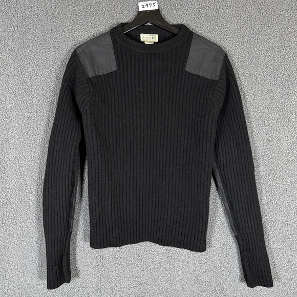LL Bean Merino Lambs Wool Elbow Patch Pullover Sweater - Men's Size S - Black